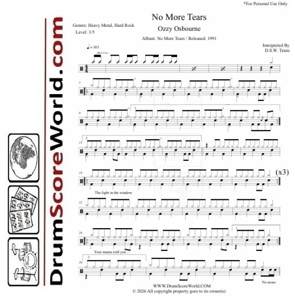 Ozzy Osbourne - No More Tears | Drum Sheet + Play-Along Track